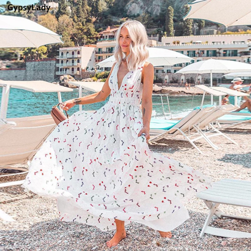 

GypsyLady Floral Printed White Maxi Dress Boho Vintage Summer Holiday Women Dress V-neck Trims Sleeveless Ladies Beach Dresses
