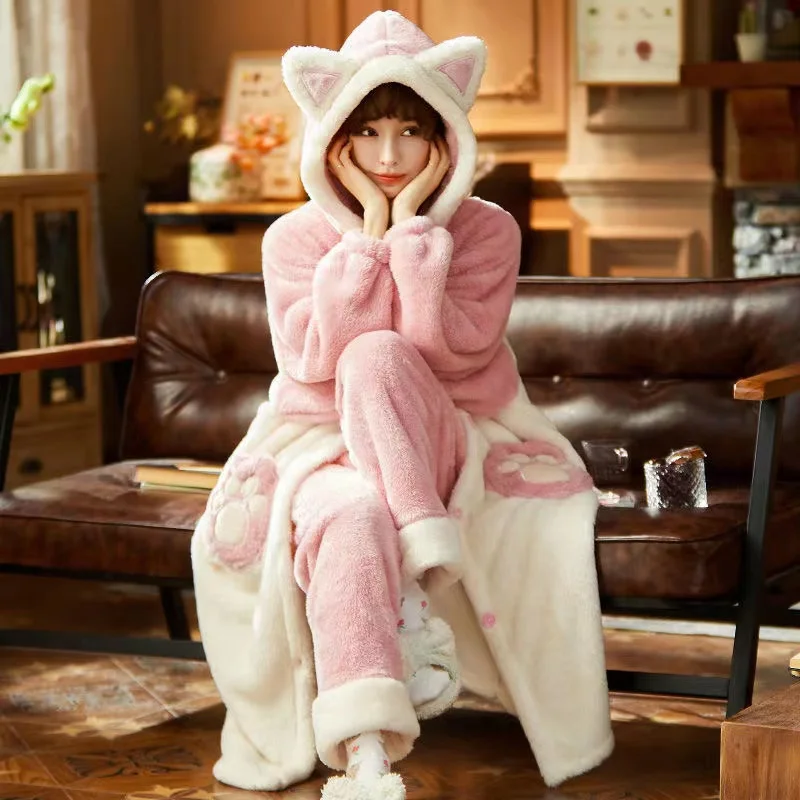 Women Winter Pajamas Set Thick Warm Sweet Cute Long-Sleeved Trousers Sleepwear Casual Loose Home Clothing Female