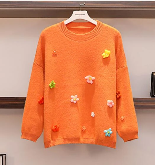 Orange top Осенний повседневный комплект из двух предметов, женский свободный пуловер с рисунком подсолнуха, свитер+ джинсы длиной до щиколотки, комплект со штанами размера плюс - Цвет: Orange top