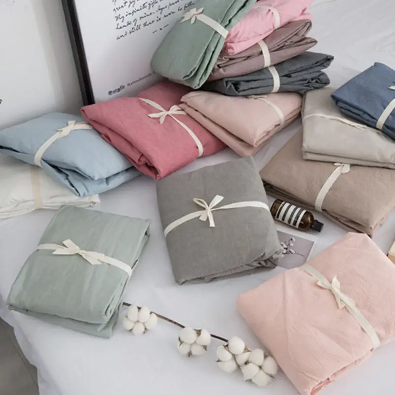 

Japanese style washed cotton craft bed sheet quilt single double bed student dormitory solid color ins bedding sheets
