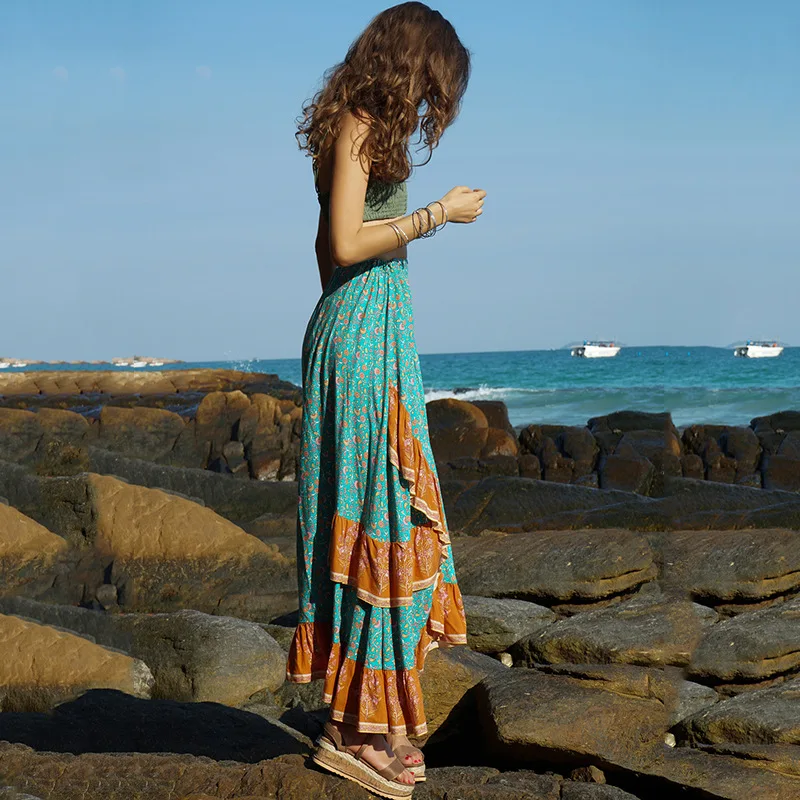 

Skirts Womens 2020 New Summer Maxi High Wasit Printed Beach Boho Chic Woman Long Skirt A Line Ruffles Jupe Femme Saias