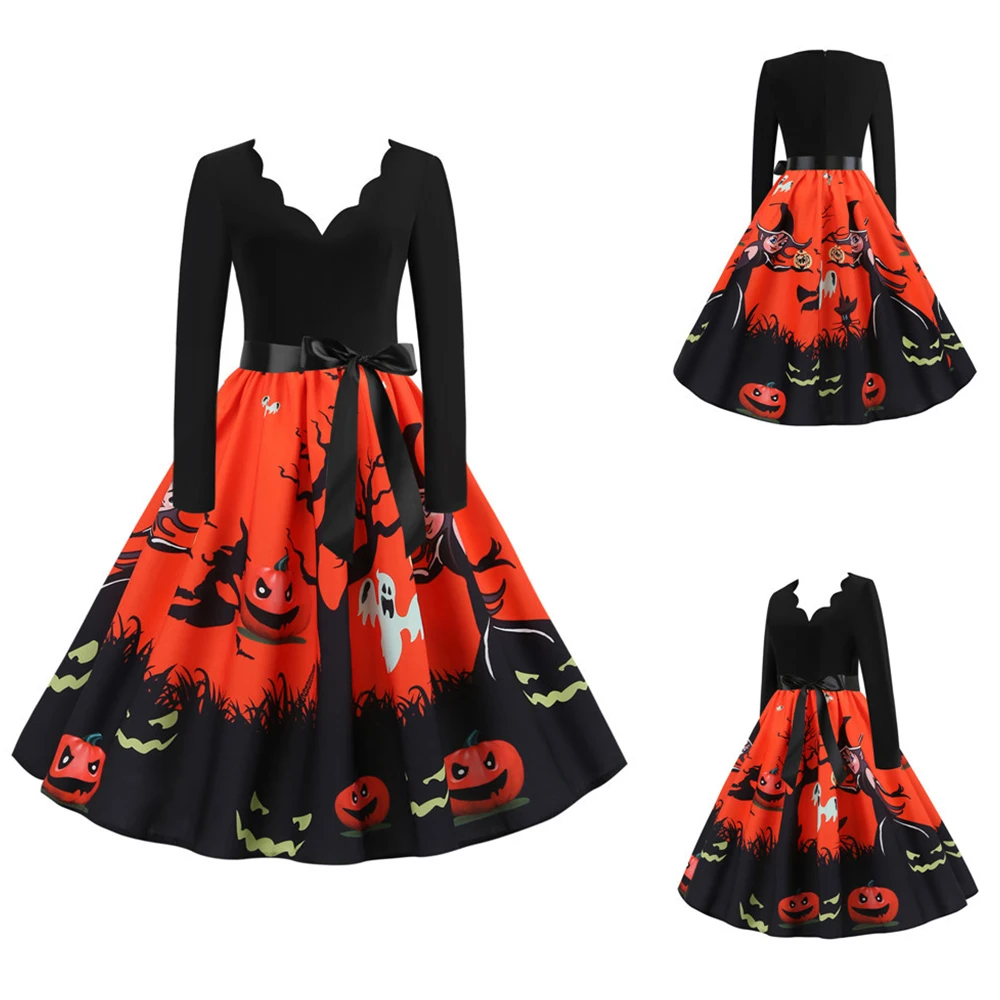 Женское винтажное платье с v образным вырезом и длинным рукавом в стиле ретро на