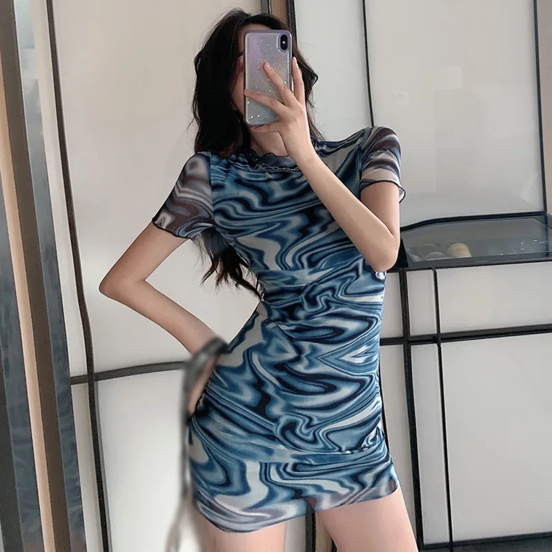 

Summer Retro Pattern Dress Women Short Sleeve High Collar Slim Short Sleeve Tight Vestidos Holiday Dress Femme vestido de mujer