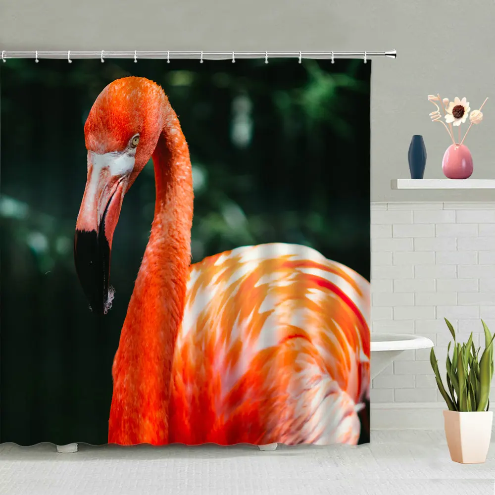 

Flamingo Shower Curtain Tropical Animals Green Leaf Plants Lake Scenery Bathroom Bathing Curtains Hanging With Hooks Home Decor