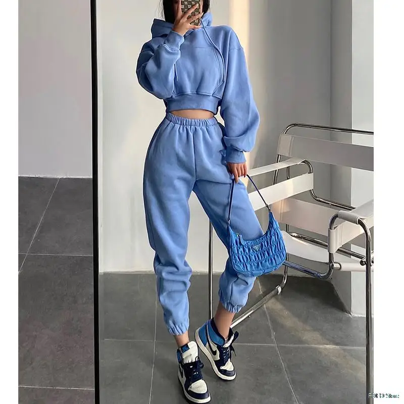 

Solid Women's Tracksuit Long Sleeve Hoodies Set 2021 Autumn High Waist Sportpant Cropped Pullovers Sets Ladies Casual Sport Suit