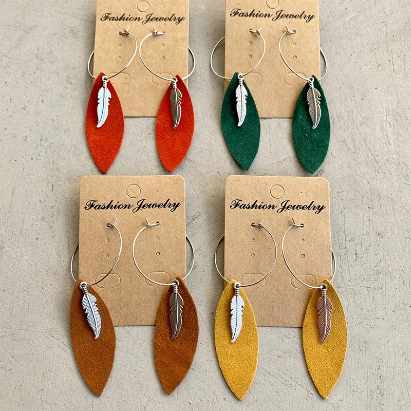

Western Jewelry Vintage Fashion Women Leather Earrings Leaf Feather Charms Hoop Genuine Leather Drop Earrings