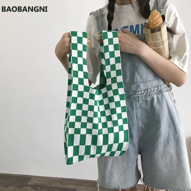 

Женская вязаная клетчатая сумка-тоут через плечо, повседневные плетеные сумки, женская сумка для покупок на запястье, хлопчатобумажная мил...