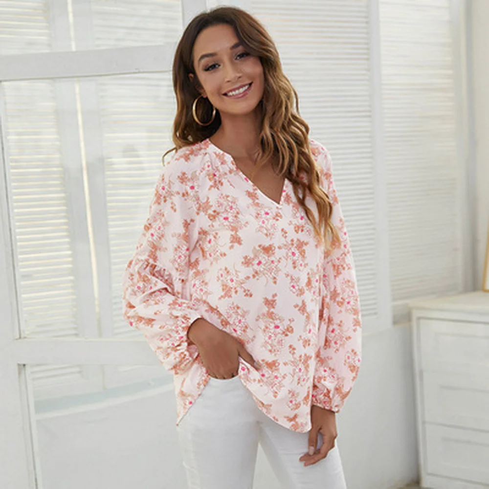 

Fashion V-neck Lantern Long Sleeve Chiffon Shirt Casual Printed Elegant Top Za 2021 Women's clothing Рубашки Pullover shein Y2k