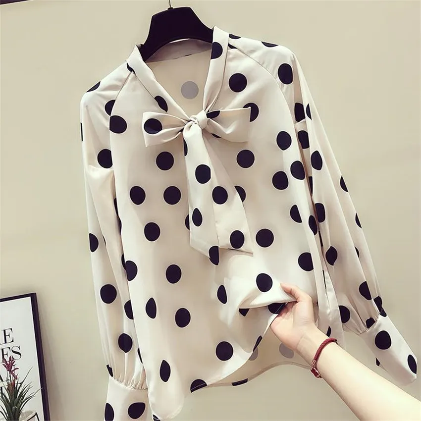 

2021 New Vintage Women Polka Dot Blouse Elegant Autumn Lady Bow Tie Chiffon Blousas Shirt Bottomings Pullovers Basic Tops WZ1411