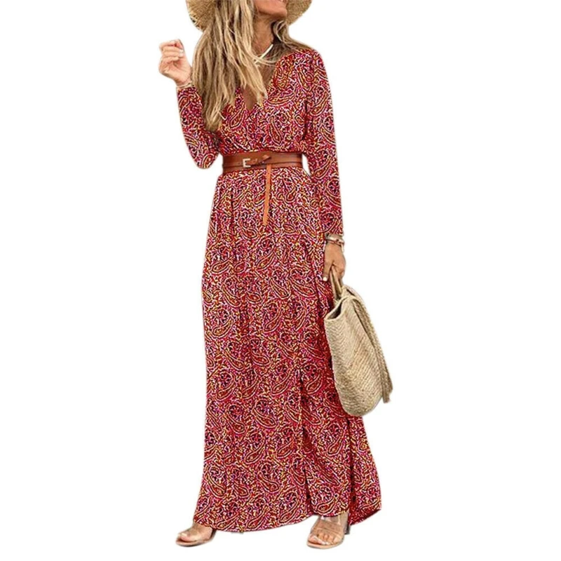 

Women Long Sleeve V-Neck Maxi Dress Boho Paisley Floral Split Sundress with Belt