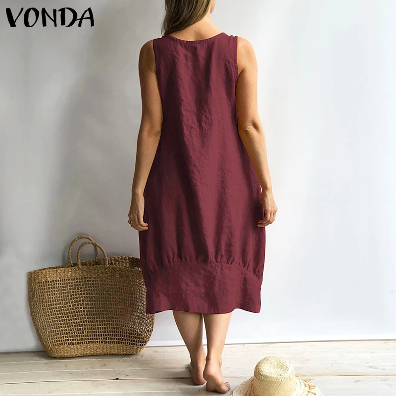 Женское платье VONDA летние сексуальные хлопковые платья без рукавов с квадратным вырезом до середины икры повседневные свободные винтажные платья размера плюс Vestidos