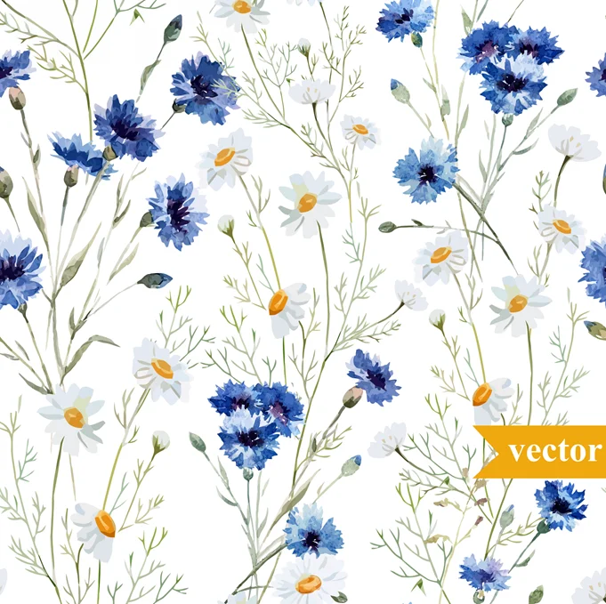 Blue Flower Watercolor Cornflower Daisy Pattern Floral Spring White Trend Retro Table Cloth | Дом и сад