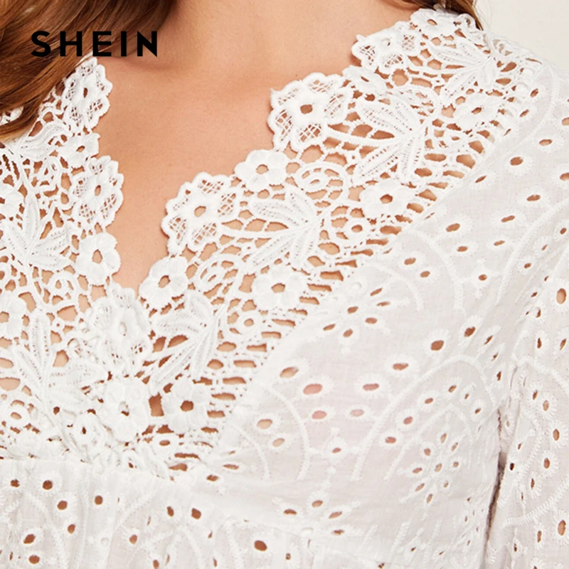 SHEIN белая блузка с v-образным вырезом и вышивкой, с петлей, с баской, женские топы, Осенние праздничные блузки с длинными рукавами и оборками, блузки в богемном стиле