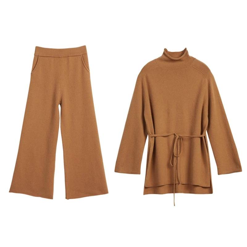 Осенне зимний трикотажный спортивный костюм свитер с высоким воротом для женщин