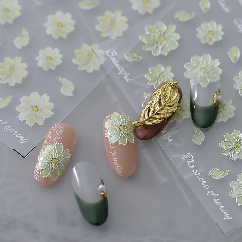 

3D Nail Art Stickers With Embossed Flower Design Adhesive Sliders White Pink Carved Transfer Decals Foils Wraps Decorations