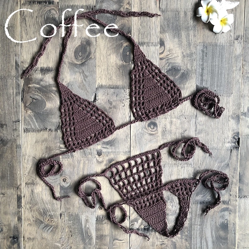 Coffee Ручная работа, вязанное крючком микро бикини, стринги, пляжные микро купальники, сексуальное нижнее белье, наборы, горячая Распродажа - Цвет: Coffee