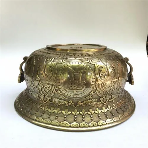

christmas 13.2" Collect China Buddhism Brass Copper Lucky Treasure Bowl Pot Plate Statue new Year