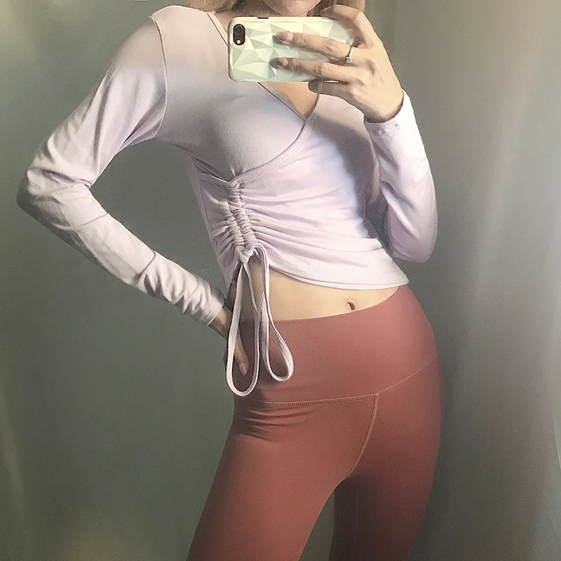 Спортивный топ Oyoo Pink Draw String черные футболки для бега с длинным рукавом хлопковый