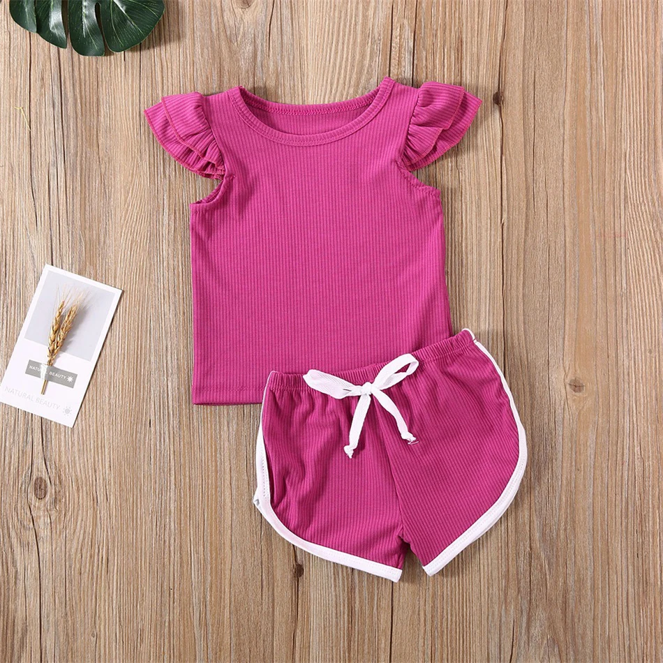 

Baby Summer Clothing 2PCS Newborn Kids Baby Girl Clothes Ruffled Sleeve Shirt Top Pants Shorts Kintted Ribbed Outfit Set