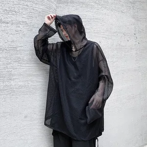 Мужская Уличная одежда, Свободный пуловер с капюшоном, сетчатые повседневные рубашки с длинным рукавом, мужские готические рубашки унисекс в стиле хип-хоп, одежда для сцены, лето