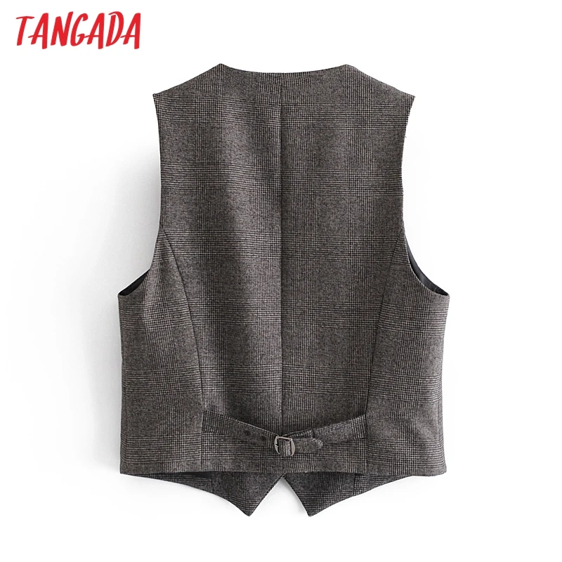 

Tangada Women 2021 Fashion Plaid Pattern Back Belt Vest V Neck Sleeveless Female Waistcoat Chic Tops 3H452