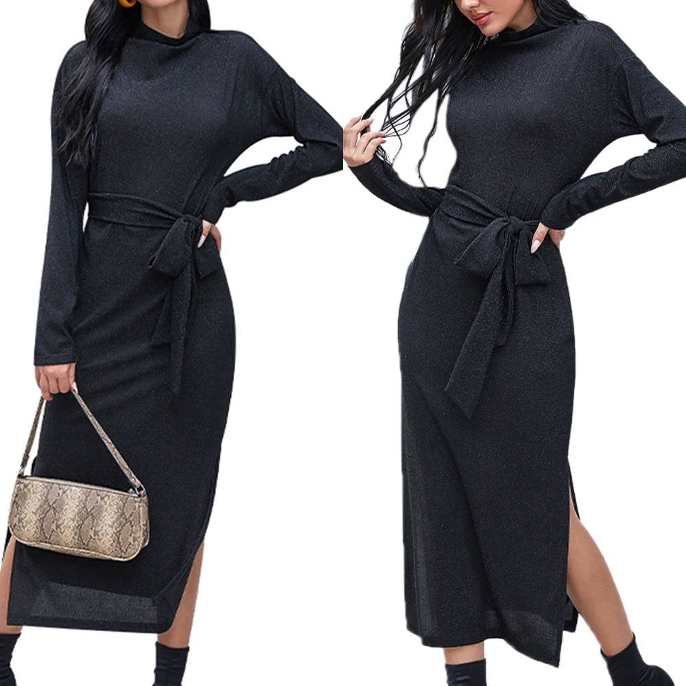 

VICABO Sashes Elegant Women Dresses Mid-Calf Length High Neck Vestidos Long Sleeve Split Skinny Office Lady Black Dress
