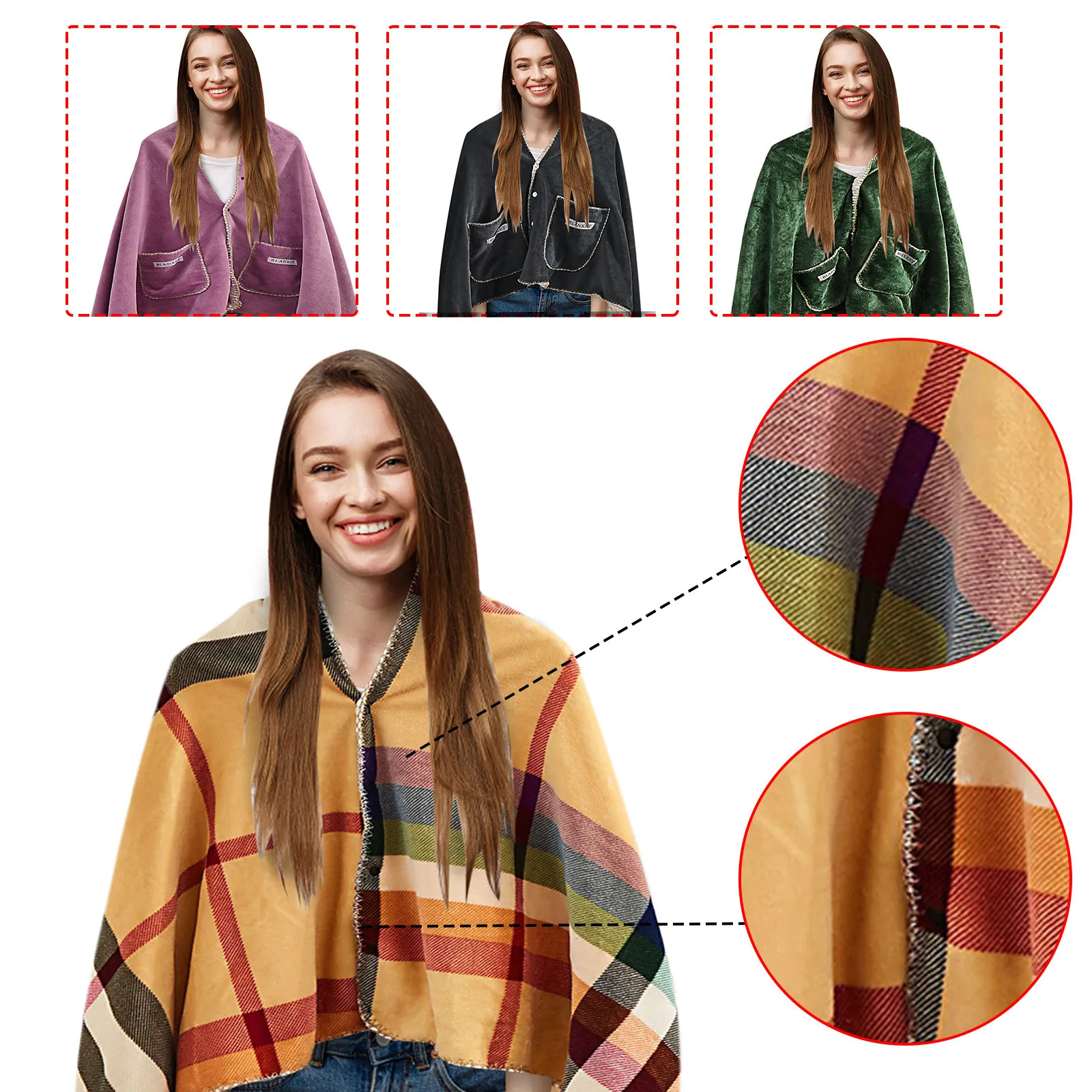 

Lady Multifunction Doublelayer Tartan Plaid Blanket Scarf Wrap Shawl Winter Warm Gray Throw Throws for Couch