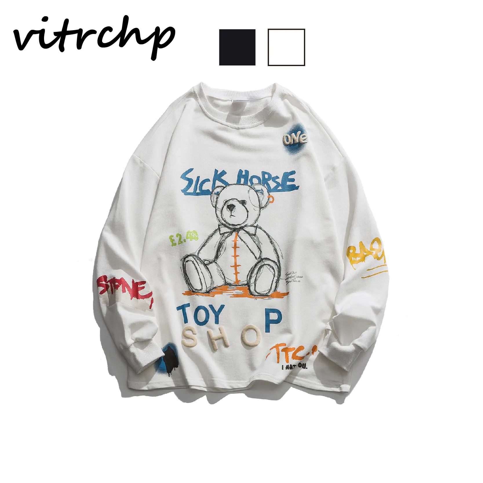 

2021 VITRCHP Men's Round Neck Pullover Hoody Spring Bear Graffiti Loose Couple Long Sleeve Ins Hip Hop Fashion Trend
