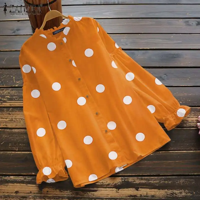 

ZANZEA Autumn Women Long Puff Sleeve Ruffle Blouse Casual Polka Dots Chemsie Femme Party Shirt Tunic Button Blusa Tops Oversized