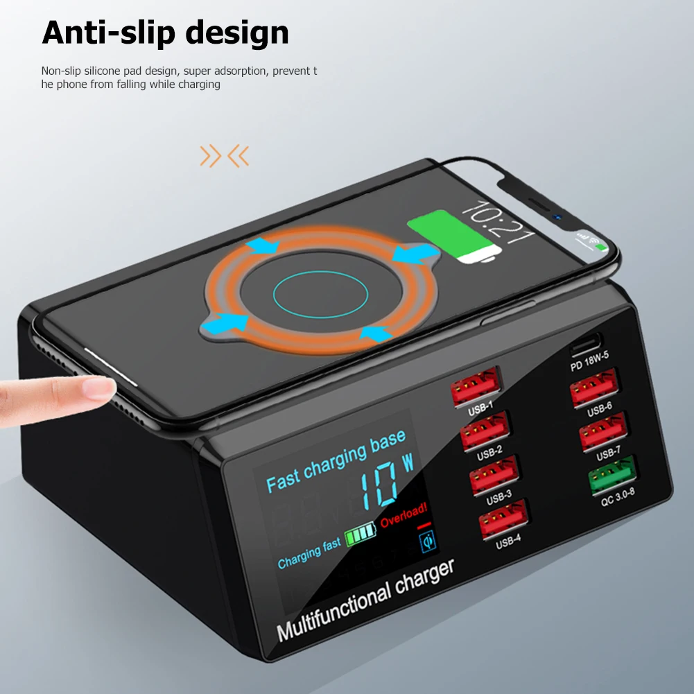 X9 100W 8 Port USB Charger Hub PD Quick Charge 3.0 Adapter LED Digital Display Desktop Charging Station Wireless onX9 100W 8 Портовая зарядная станция USB с PD быстрой зарядкой 3.0 Адаптер LED цифровым дисплеем для настольной зарядки Беспроводная активна.