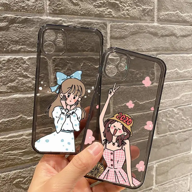 

Aesthetic cartoon girl Phone Case For iPhone 7 8 11 12 X XS XR MINI Pro Max Plus Retro Black Grey clear transparent