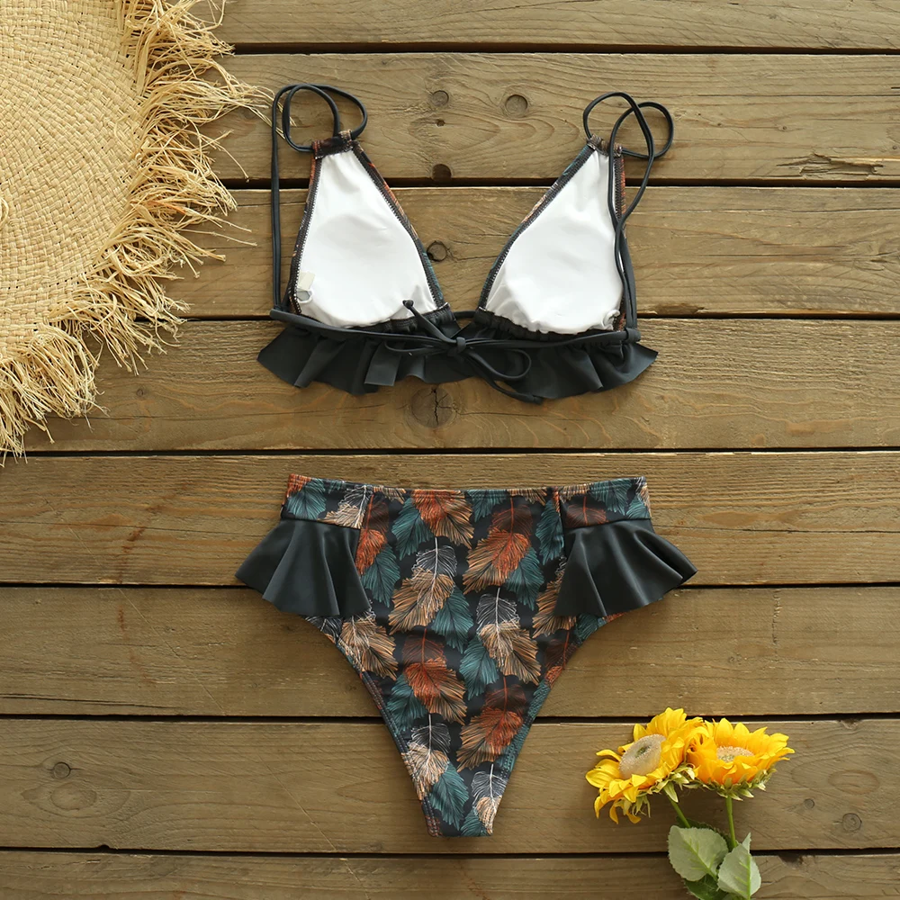 

2021 Sexy Leaf Print Bikini Set Sexy Bathing Suit Cute Swimwear Women Swimsuit Ruffle Bikini High Waist Maillot De Bain