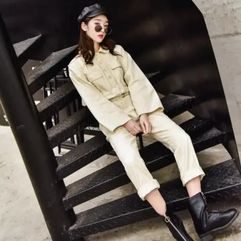 Женский джинсовый комбинезон с завышенной талией Синий Облегающий в стиле ретро