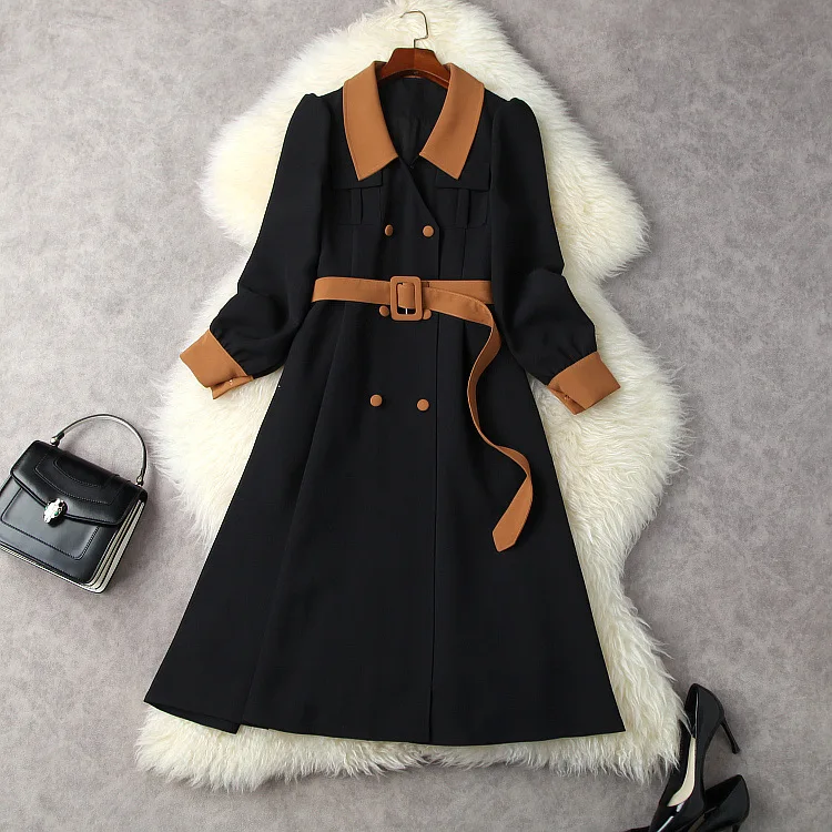 

European and American women's wear spring 2022 new Long sleeve lapel double breasted lace-up Fashion dress
