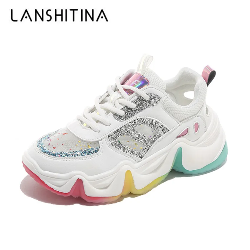 Дышащие сетчатые кроссовки Женская летняя блестящая повседневная обувь на
