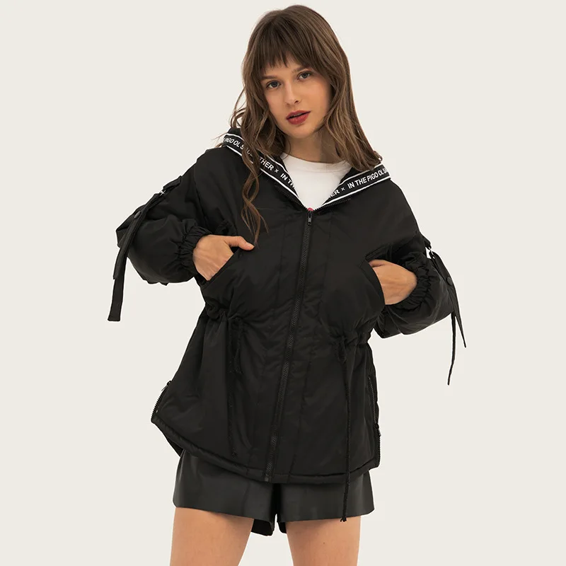 Women Winter Loose Hooded Sport Cotton Coat High Street Fashion Style Letter Contrast Color Stitching Thick Jacket | Женская одежда