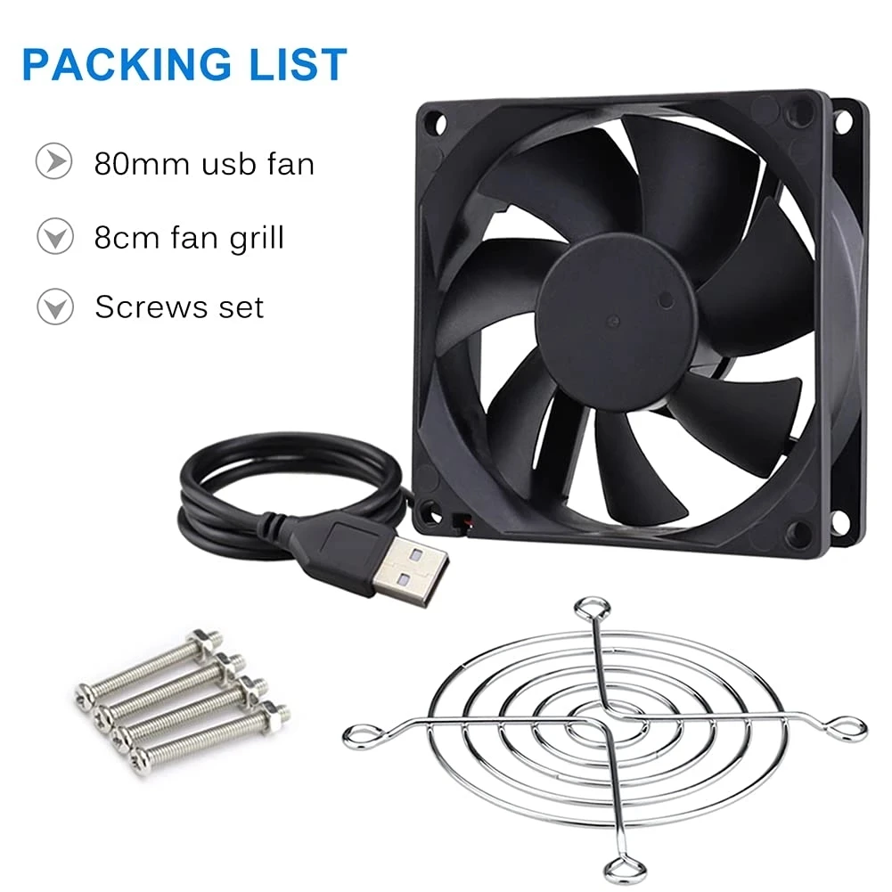 1 Pcs USB Fan 80x80x25mm DC 5V 80mm 8025 Brushless Computer Case Cooling Fan with Metal Grill