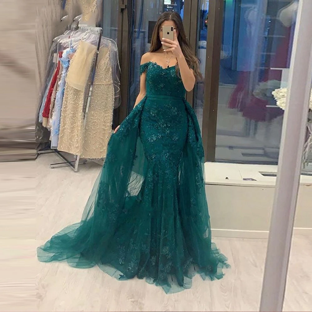 

2 in 1 Detachable Overskirt Mother of the Bride Dresses for Wedding Party Emerald Green Lace Mermaid Evening Prom Gowns