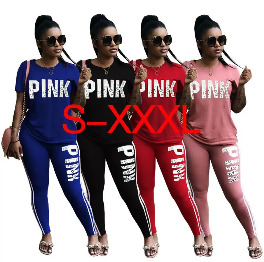 Women Sweatsuit Tops Skinny Pants Suits Track Casual 2 Two Piece Bodycon Set XXXL 8 Color Plus Size Pink Letter Tracksuit | Женская