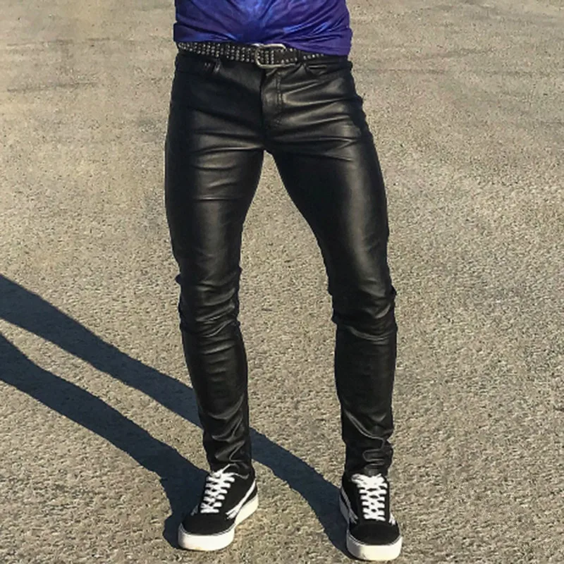 

Kalenmos 2021 New Punk PU Trousers Streetwear Tight Elastic Low Waist Casual Solid Color Zipper Jogging Pants Men