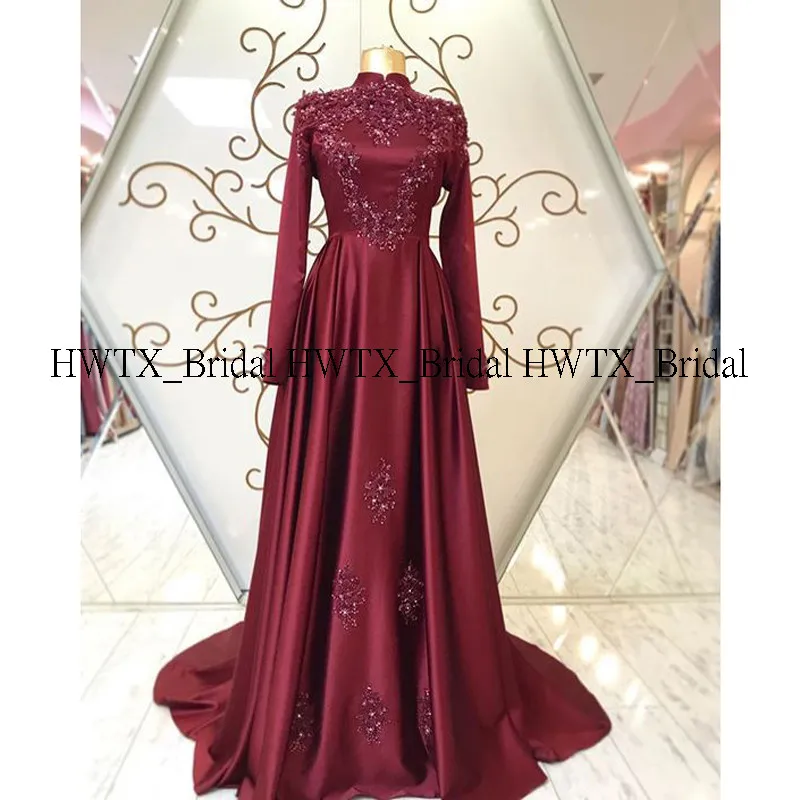 HWTX_Bridal мусульманское вечернее платье с длинным рукавом новинка 2020 года бордовое