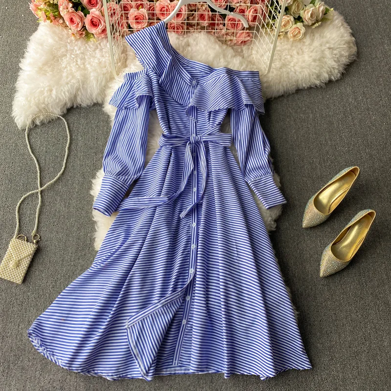 

Amolapha 2021 Summer Women's Off Shoulder Sexy V-neck Stripe Button Lace-Up Decorative Big Swing Dress Female Vestidos
