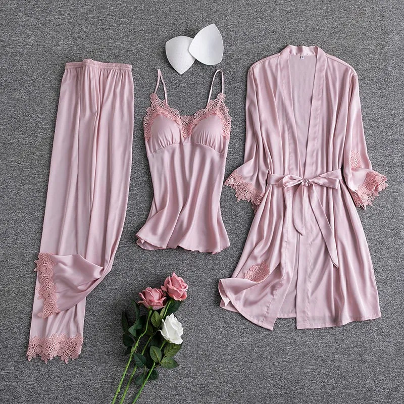 Кружева 3 шт. Атласный халат комплекты Для женщин полосатые пижамы свободные