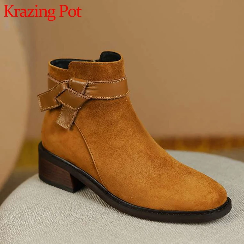 

Lenkisen овечья замша зимний английский стиль большой размер круглый носок Повседневный средний каблук бабочка узел высокие модные ботильоны ...