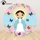 Allenjoy, Круглый фон для причастия, чехлы для крещения, Цветочная бабочка, милая скатерть Девы Марии, вечерние детские обои для душа