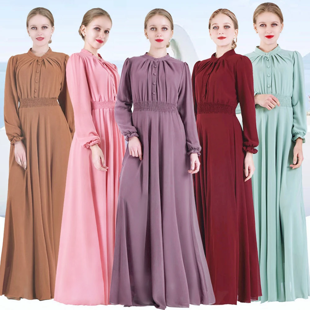 Siskakia Двухслойное шифоновое длинное платье высокой плотности с пуговицами