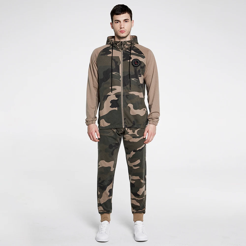

2021 Men Tracksuit Set Zipper Hoodie+Sweatpants Two Pieces Casual Sweatshirt Set Male Patchwork Camouflage Hoodies Set Sportwear