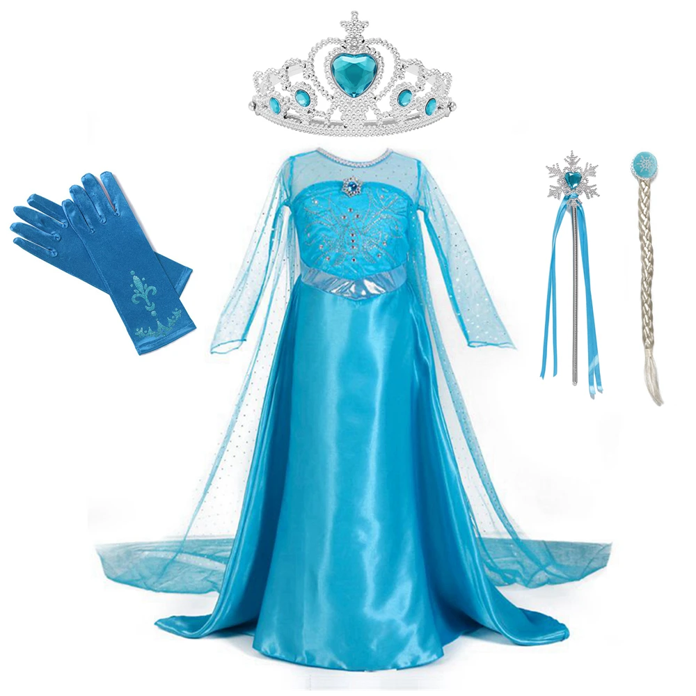 

Children's Dress Kids Birthday Party Cosplay Outfits Snow Queen Elsa Costume Blue Long Sleeve Prom Gown Girls Clothes