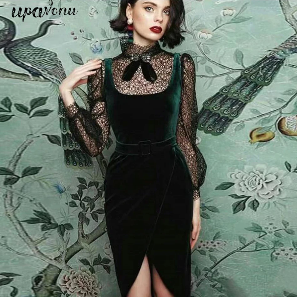 

2020 Women's Velvet Bodycon Dress Sexy Star Party Hollow Mesh Bubble Long Sleeve Standing Bow Diamond Green Mini Dress Vestidos