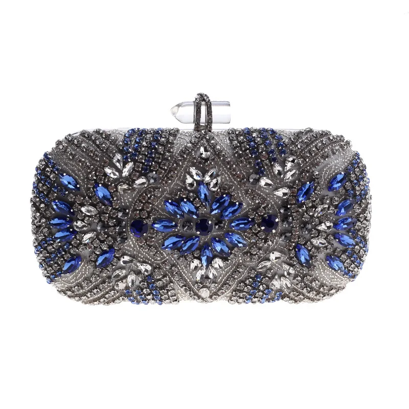 

Luxury Blue White Crystal Women Clutches Evening Bag Wedding Party Purses Metal Chain ShoulderBag Fine Rhinestone Female Clutch